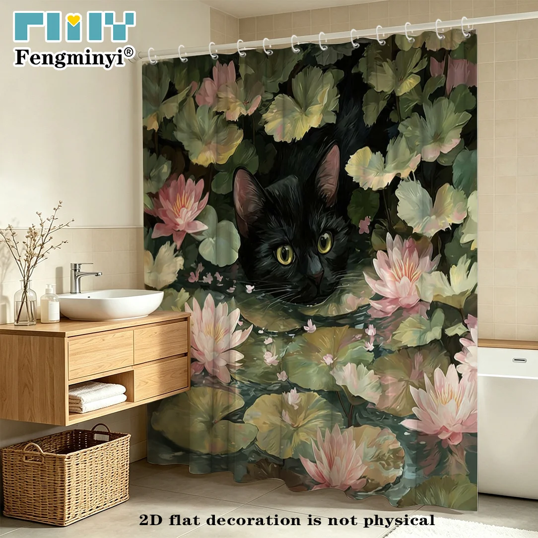 2D Flat, 1pc FENGMINYI Cat Shower Curtain Suitable for Housewarming Gifts, Cute Black Kitten & Lily Pond Bath Curtain with Hooks