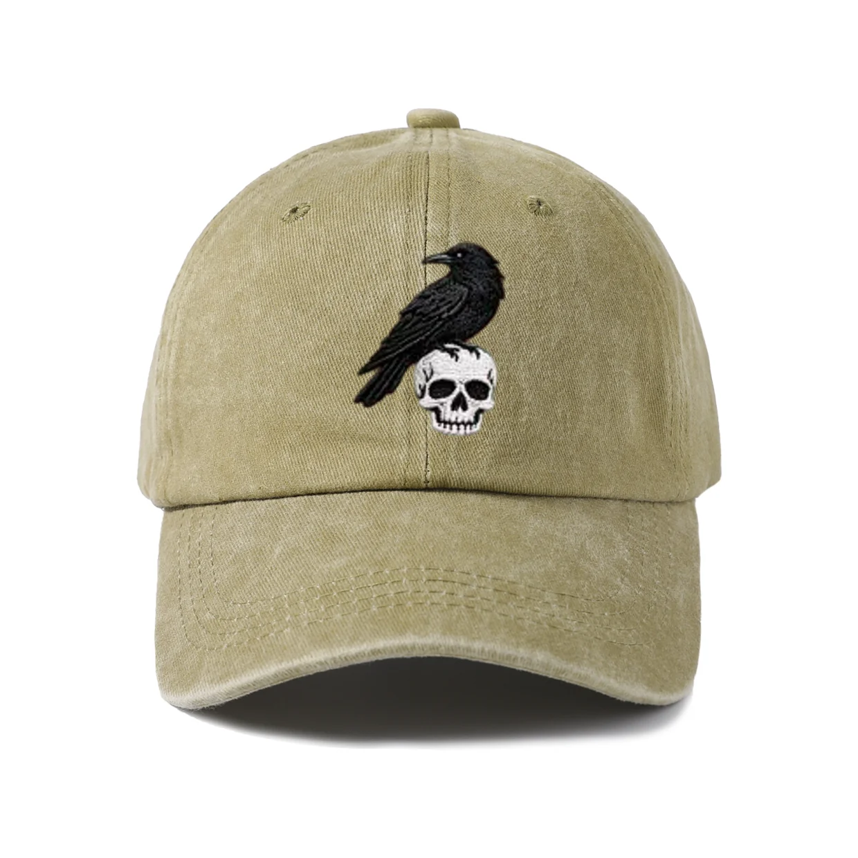 Raven and Skull Graphic Baseball Cap, Vintage Washed Adjustable Unisex Dad Hat, Casual Gift