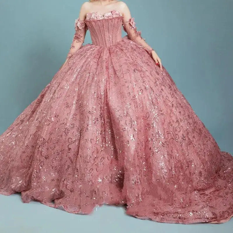 Vestido De quinceañera De princesa rosa brillante con hombros descubiertos, encaje con cuentas, perlas De cristal, Tull, dulce 16, vestido De fiesta De cumpleaños, Vestidos De 15