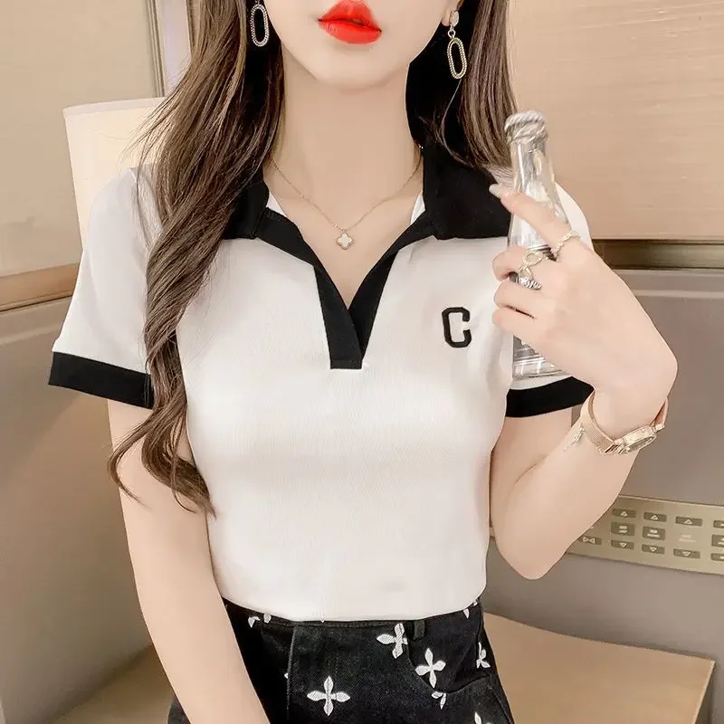 White Clothing T-shirt Woman Short Sleeve Tee Tops Black Crop Top Polo Neck Shirts For Women With Collar Offer Trend Popular V