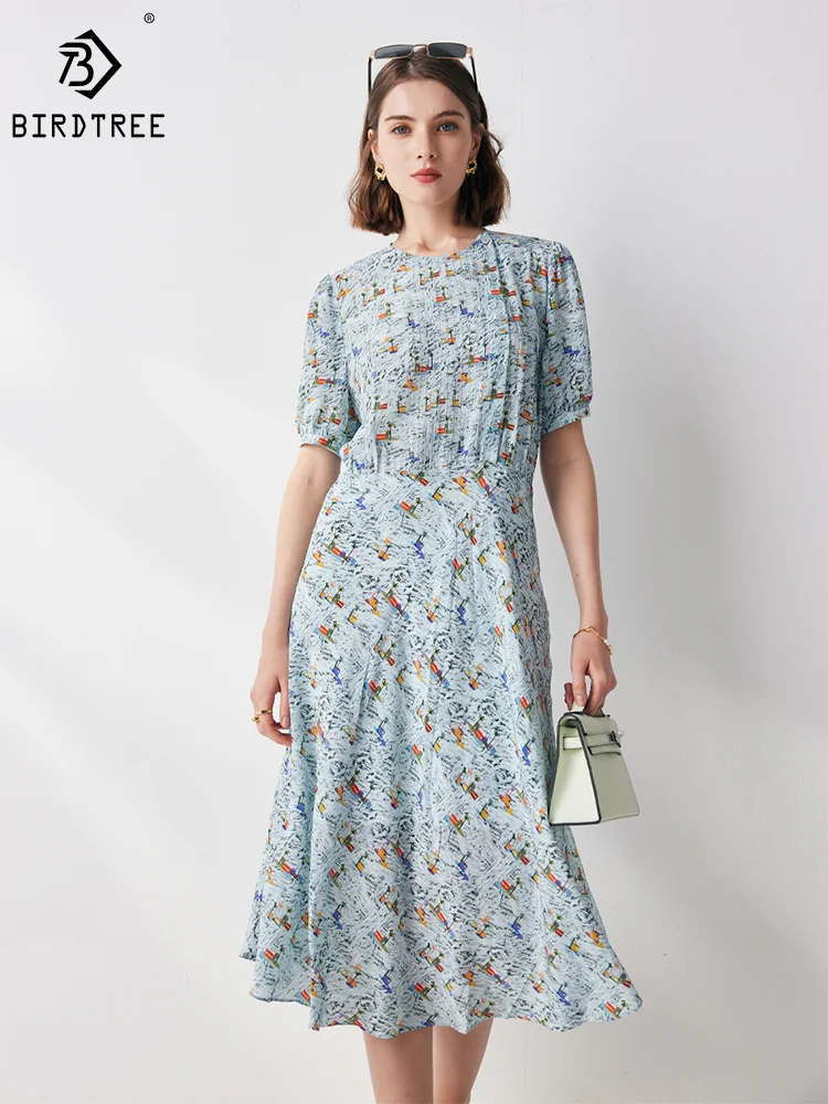 

Birdtree 6A 100%Mulberry Silk Elegant Dresses Women Printed Shirring Commuting Dress Vacation Summer Autumn New 2023 D38543QM