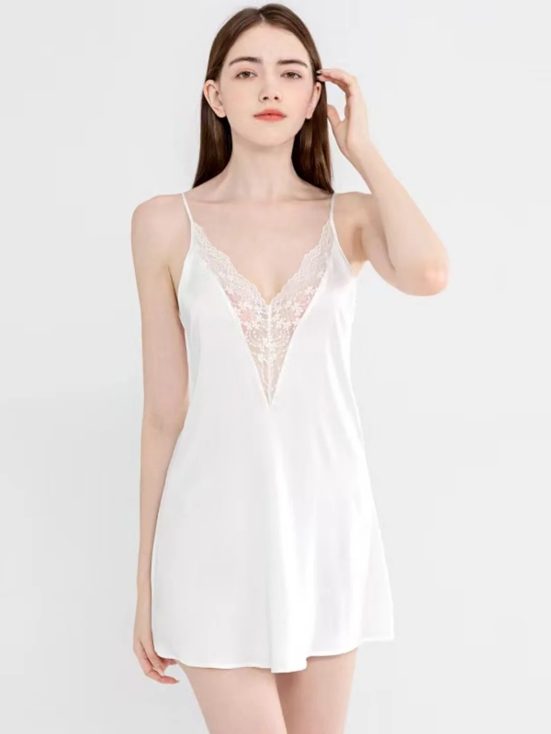

Elegant Lace Splice V-Neck Sleeveless Sleepwear Summer Pure Desire Backless plus Size Strap Sleep Dress for Young Women