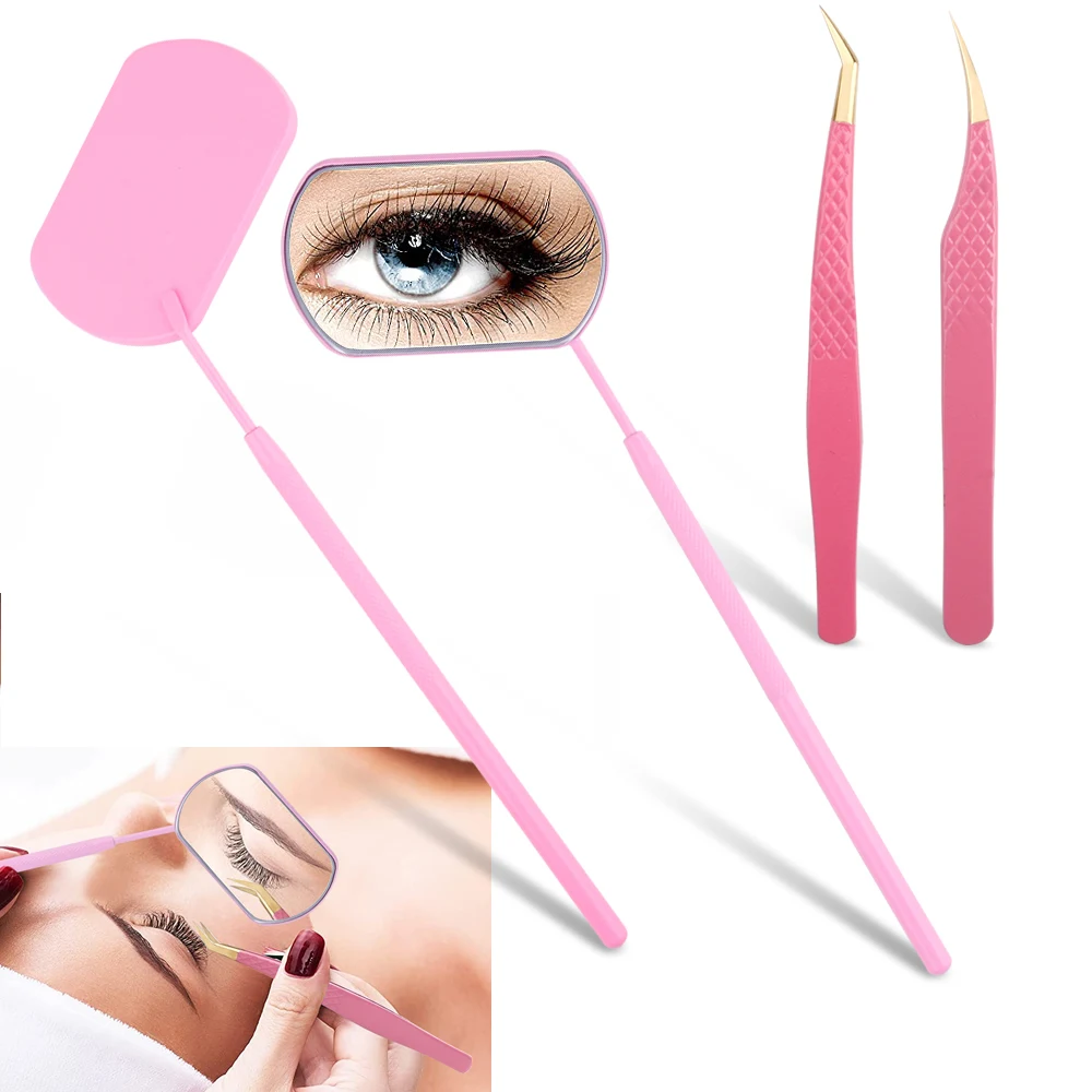 3Pcs Eyelash Checking Mirror Lash Tweezers Eyelash Extension Tool Set Straight Curved Eyebrow Tweezers Lash Mirror Makeup Tools