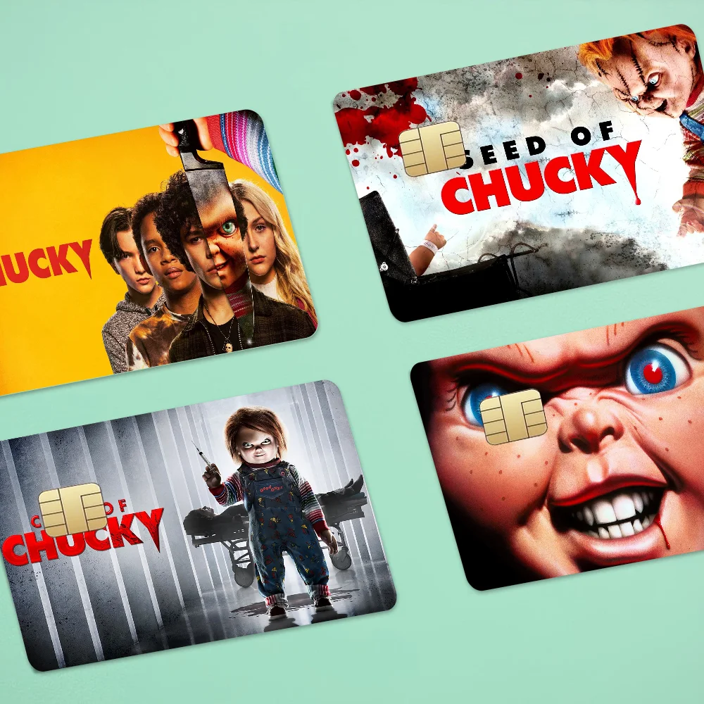 Películas de terror serie Bride Of Chucky, pegatina de póker, cinta de piel para tarjeta de crédito, tarjeta de débito, pegatinas impermeables, Chip pequeño