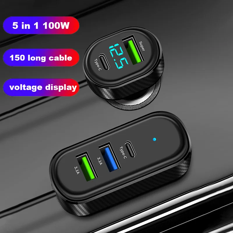 

5-Ports 100W USB Type-C Front And Rear Extension Car Charger With 1.5M Extension Cable Fast Charging Power Adapter For Phone