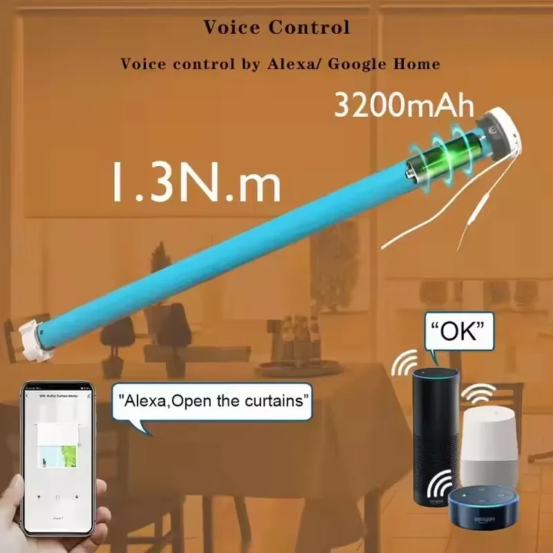 Tuya WiFi Zigbee Matter Smart Home Electronic 25mm Automatic Motorized Roller Shade Lithium Battery Blinds for Office