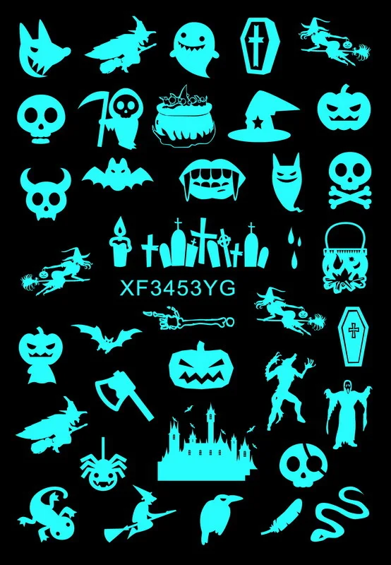 12 Sheets Noctilucent Various Halloween Elements Skull Pumpkin Witch Bat Water Transfer Nail Art Stickers Decals Manicure Charms