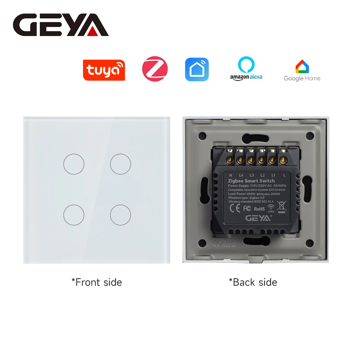 GEYA 4 Gang Smart Zigbee Switches Zero Fire Universal Intelligent Touch Light Switch Wall Sensor Switches Tuya Smart Life Alexa