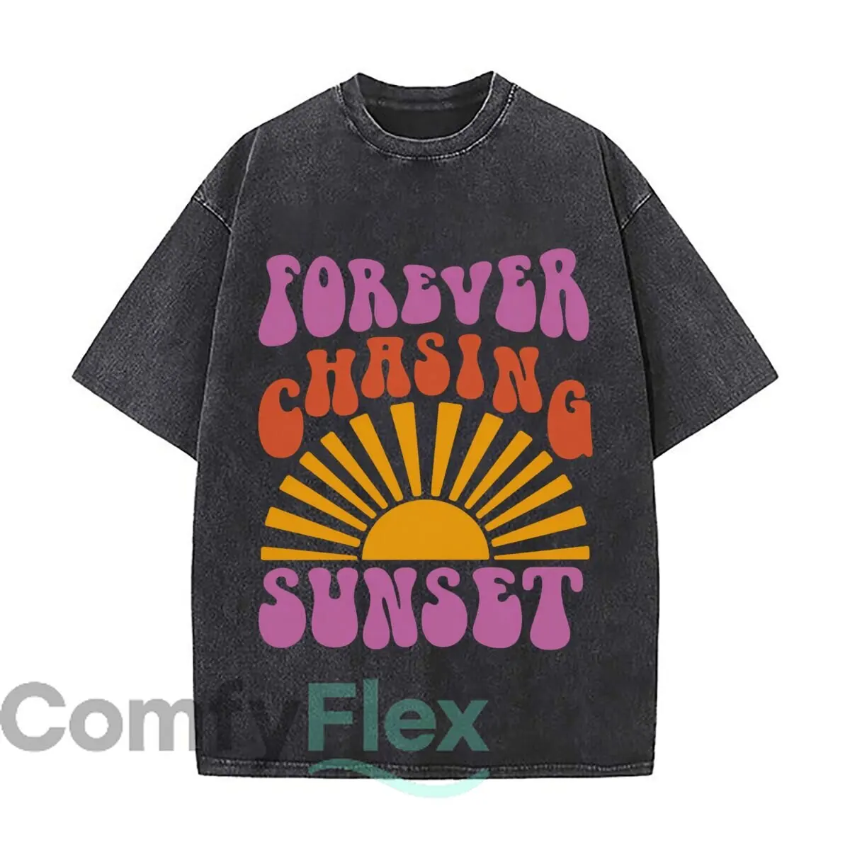 Forever Chasing Sunsets Retro Colorful Sunrise Graphic Washed Short Sleeve Loose Streetwear Tee Hip Hop