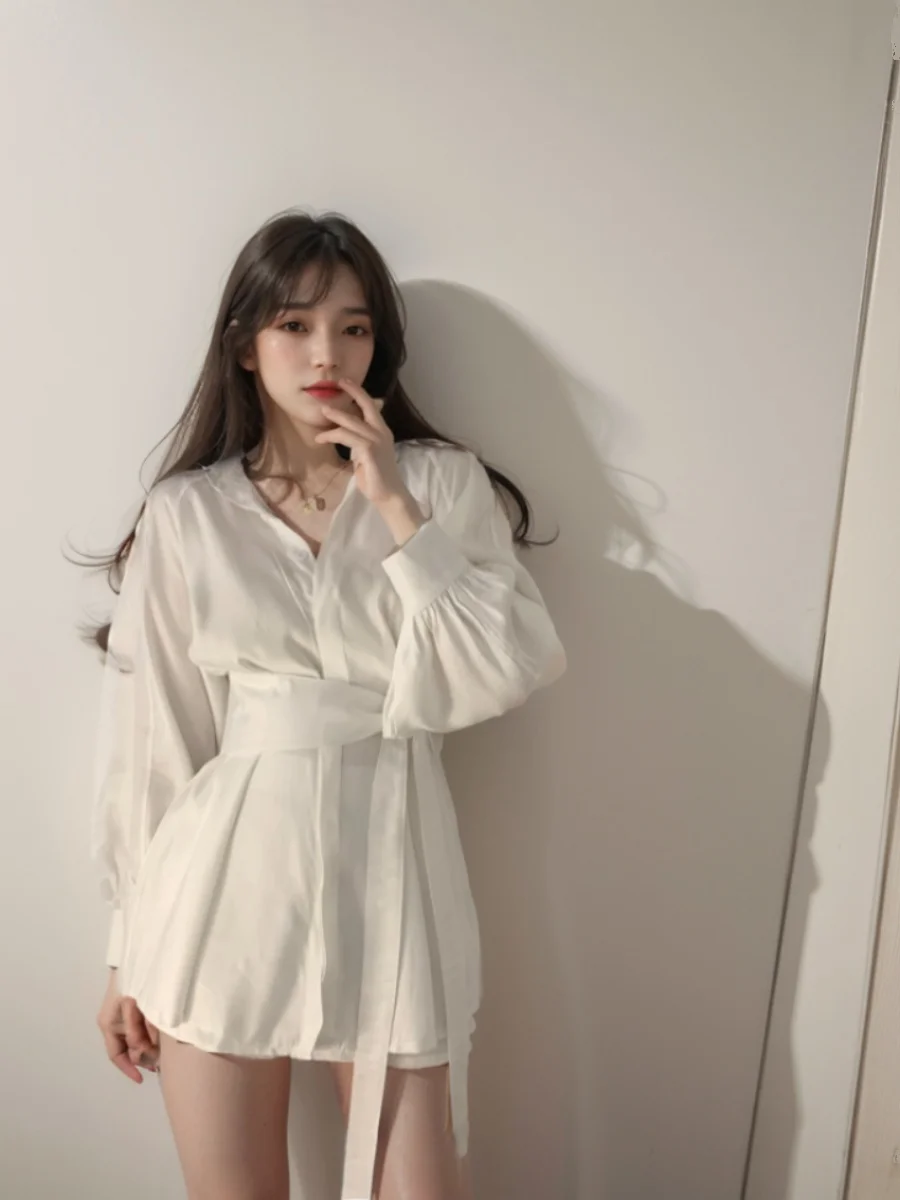 Retro Hong Kong Style Slimming White Shirt Women's Spring Autumn Korean Design Lantern Sleeve Midi Length Shirt Dress