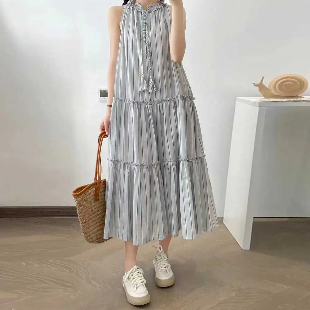 

Japanese Sweet Mori Girl Vintage Striped Cake Dress Women Summer Lace Up Stand Collar Sleeveless Casual Loose Midi Dresses