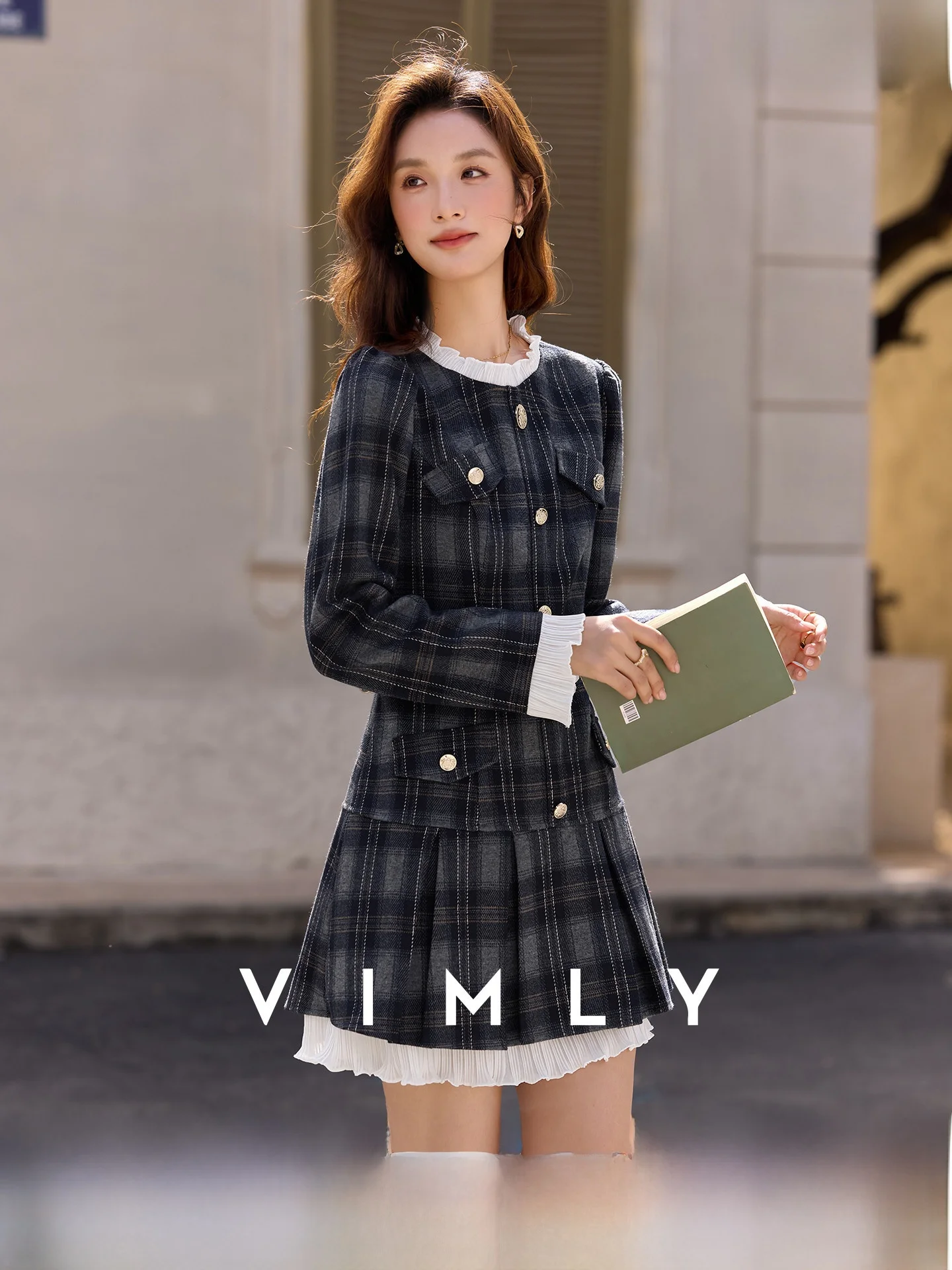 

Новая женская весенняя юбка миди в клетку с длинным рукавом, А-силуэт, повседневная, из полиэстера, с круглым вырезом