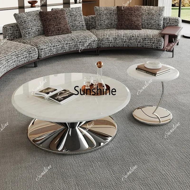 Flying Saucer Marble Coffee Table Italian Minimalist Round Cocktail Table Silver Metal Base Accent Living Room Home Furniture
