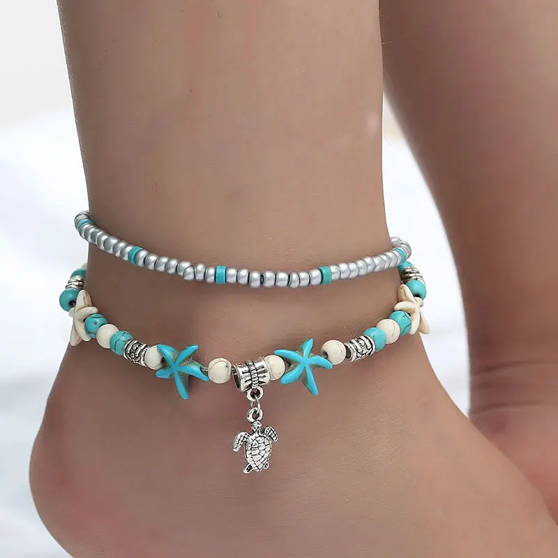 New Conch Rice Beads Yoga Turtle Anklet Beach Starfish Pearl Retro Turtle Wave Handmade Foot Ornaments FT1030