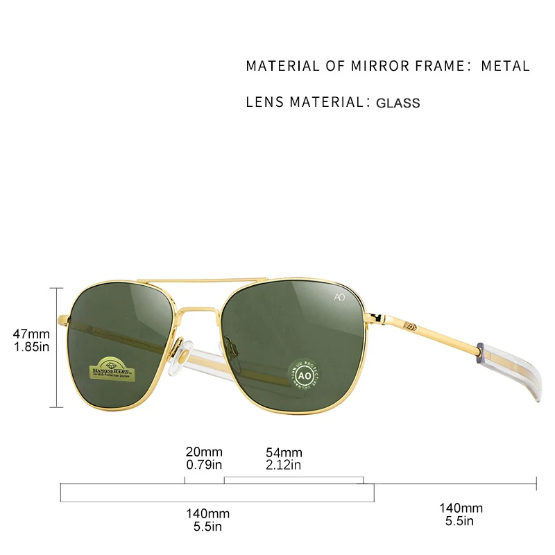 1pcs/3pcs AO Pilot Fashion Sunglasses Men Women, Metal Frame Top Quality Brand Designer Tempered Glass Lens UV400