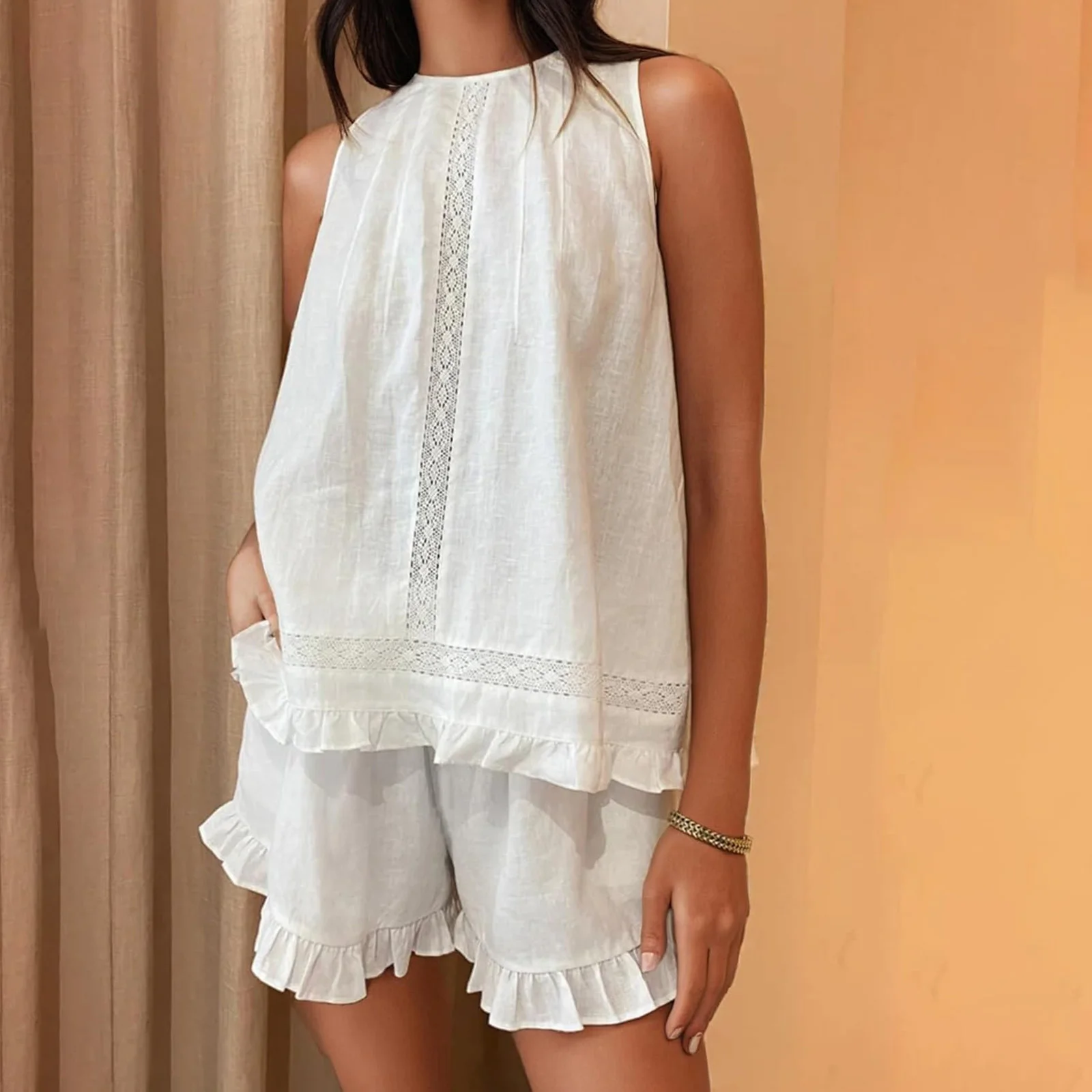 

Women Summer 2Piece Loose Outfits Set Hollow Lace Patchwork Ruffled Trim Sleeveless Babydoll Top with Wide Leg Shorts