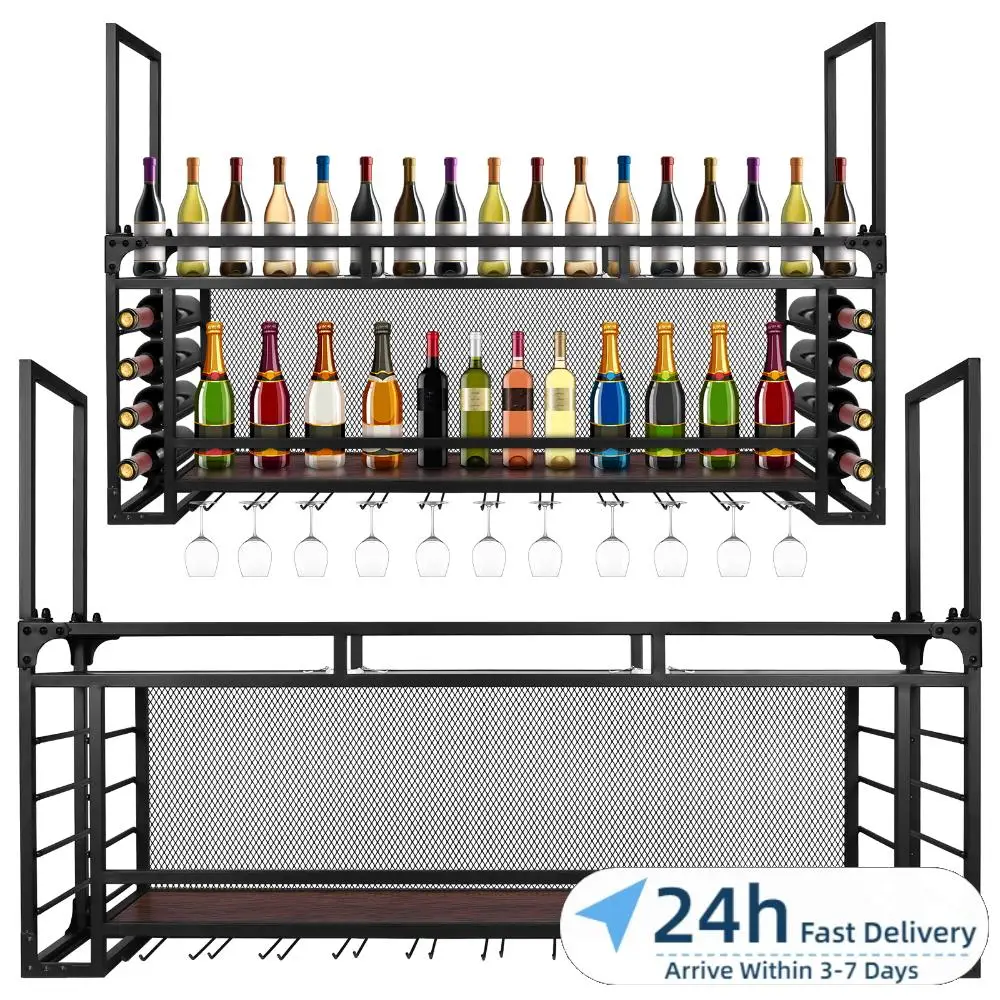 

Настенная 2-ярусная железная подставка для винных бутылок 59.06x21.65x11.81 дюймов, полка для демонстрации винных бутылок для кухни, столовой, бара