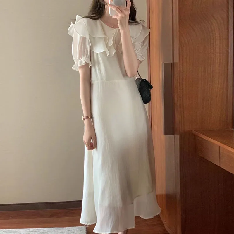 Vestido Longo F de Verão E com Gola Dobrada em Camadas, Cintura Ajustável e Mangas Bufantes em Cor Sólida