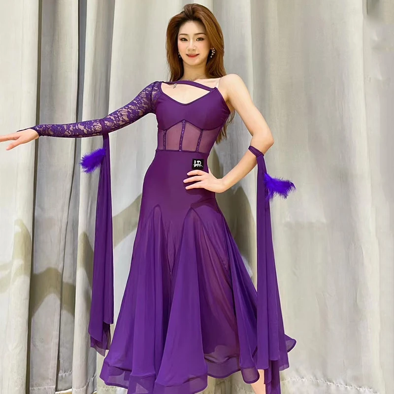 Red Purple Lace One-Sleeved Ballroom Dance Competition Dress Women Waltz Dance Costume Modern Dance Performance Clothes BL9858