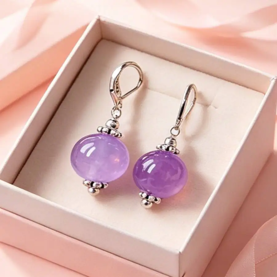 Women Elegant Silver Leverback Dangle Earrings Natural Smooth Round Light Purple Amethyst Bead Drop Earrings Romantic Crystal