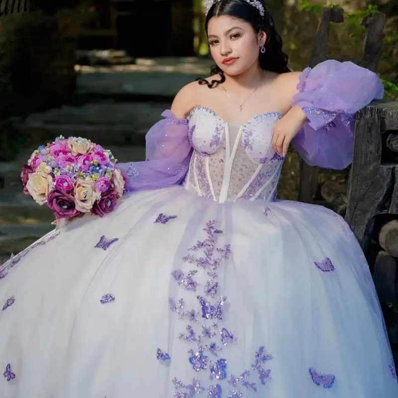 

Customized Luxury Lilac Lavender Princess Quinceanera Dresses With Wrap Cape Lace Butterfly Birthday Party Vestidos De 15 Anos