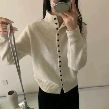 New Soft Comfortable Stand-Up Collar Sweater Cardigan Women Simple Single Breasted Cardigans Coat Autumn Solid Knitted Outerwear