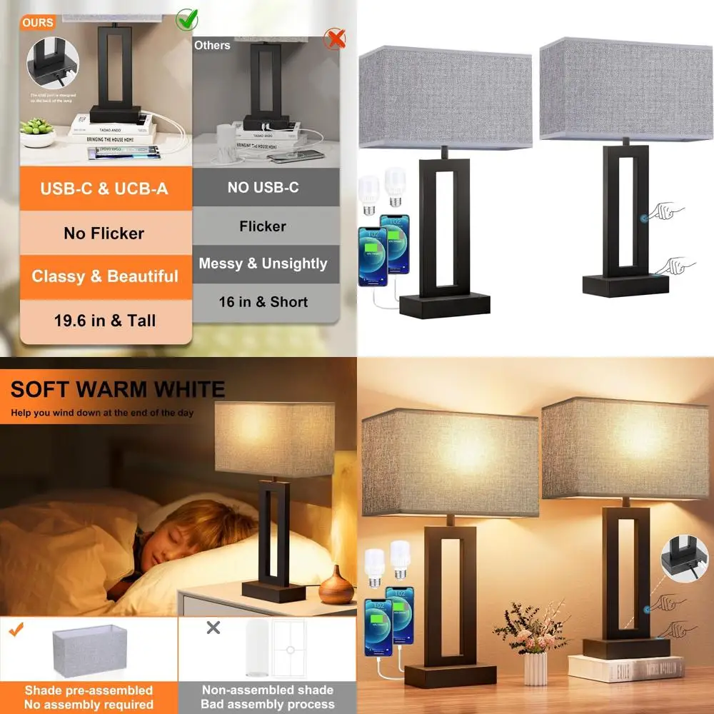 

Set of 2 Modern Grey Touch-Activated Bedside Lamps with USB Ports, 3-Way Dimming for Bedrooms and Living Rooms