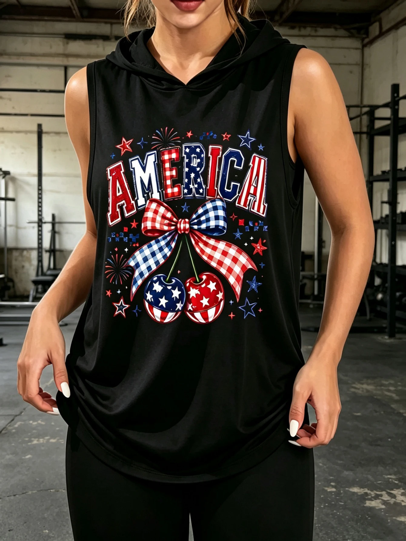 America Cherry Bow Star Firework Graphic Sleeveless Hooded Tank Top Unisex 4th Of July Patriotic USA Flag Print Hood Vest Streetwear Sleeveless Hood Tank For Men Women