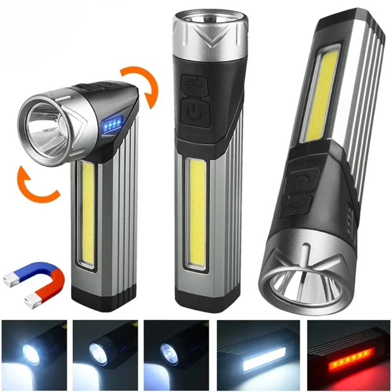 Portable LED Flashlight Handheld Work Light 90° Rotatable Head Foldable Rechargeable Torch Bottom Magnet for Car Repair Camping
