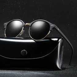 With Case Ladies Round Polarized Sunglasses Men Brand Designer Sun Glasses Women Metal Frame Black Lens for Men Women