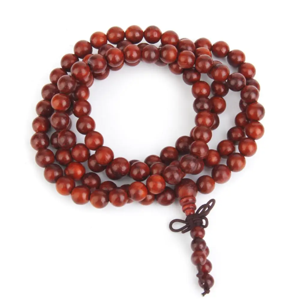 108 Red Sandalwood Cat’s Eye Beads Elastic Buddhist Bracelet Natural Wooden Mala Jewelry for Yoga and Prayer