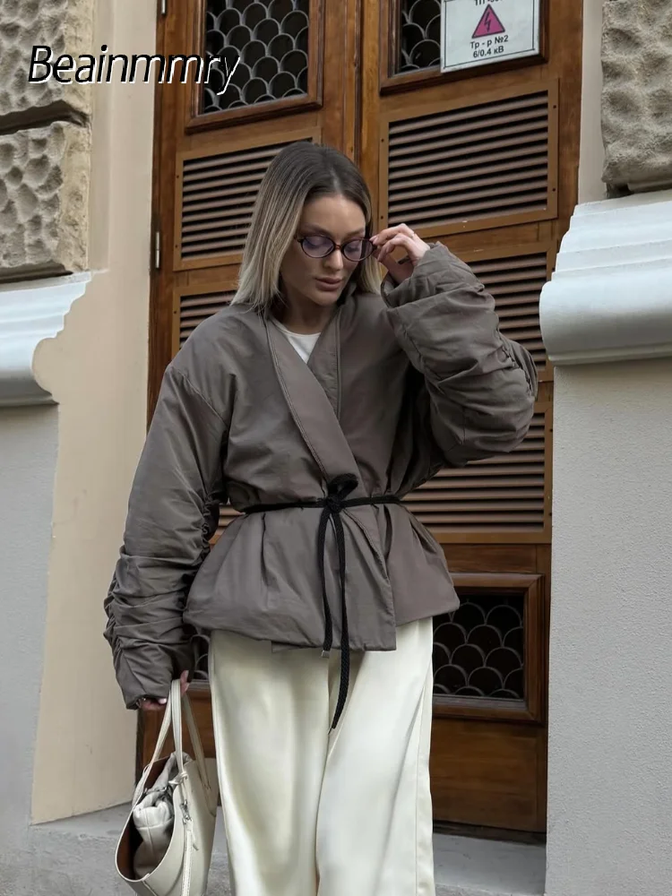 カジュアル無地レースアップコットンジャケット レディースファッション Vネック長袖カーディガンコート 冬 レディースシックデイリー通勤アウター 2025