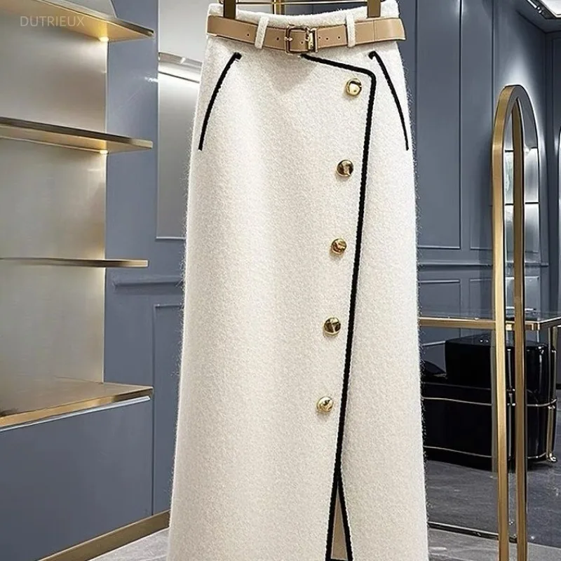Spring Autumn Women Skirts Contrast Color Korean Fashion Chic Faldas Mujer A-line Elegant Simple Sweet Long Skirt