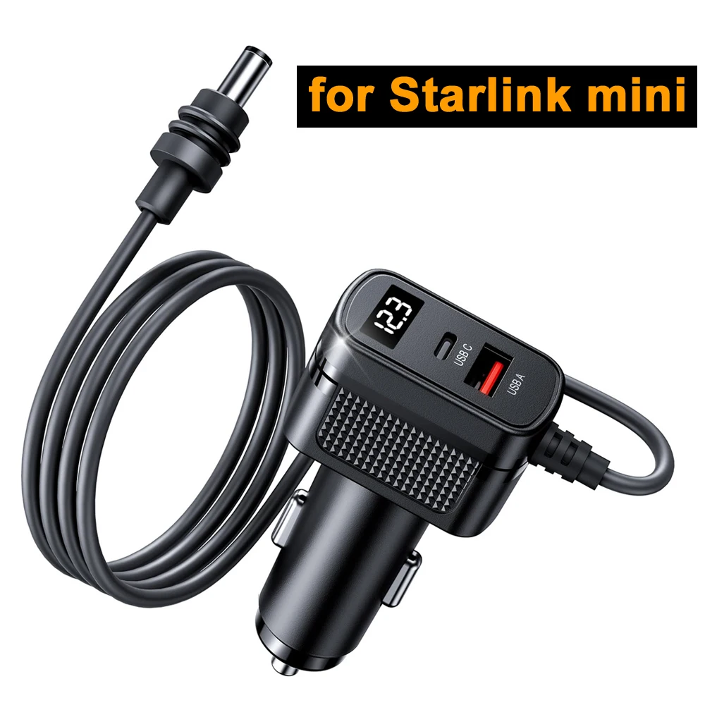 محول سيارة 3M لـ Starlink Mini 12-24V QC/PD شحن سريع مع كابل طاقة منافذ USB-A + Type C لملحقات Starlink Mini