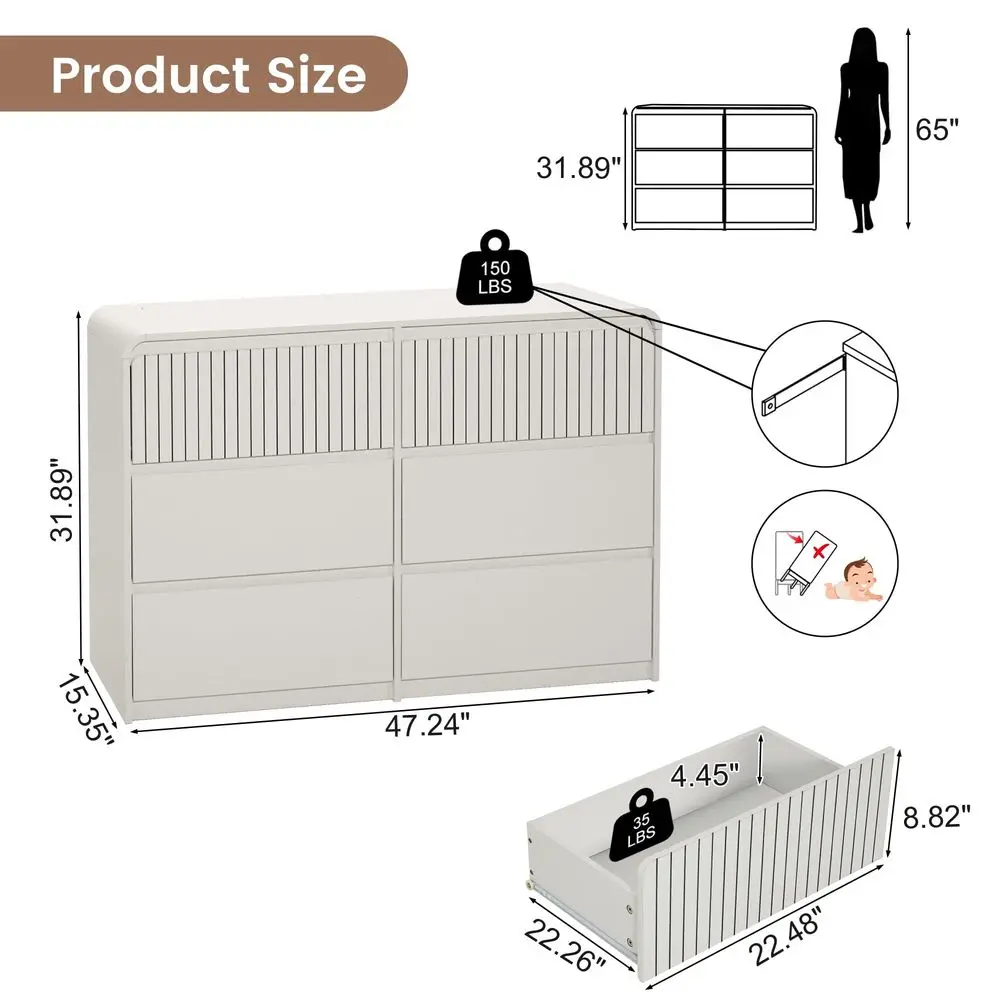 6 Drawer Dresser for Bedroom, 48 Large Fluted Wide Chest of Drawers, Wooden Dresser Closet Organizers w Storage Drawer amp Curve