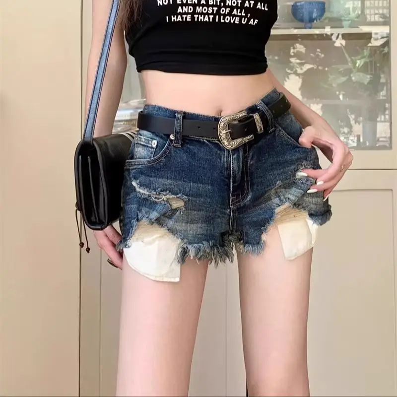 Pocket Leak Vintage High-Waisted Sexy & Club Denim Shorts y2k Women Clothing Loose Raw Edge Short Summer Ripped A-line Pants