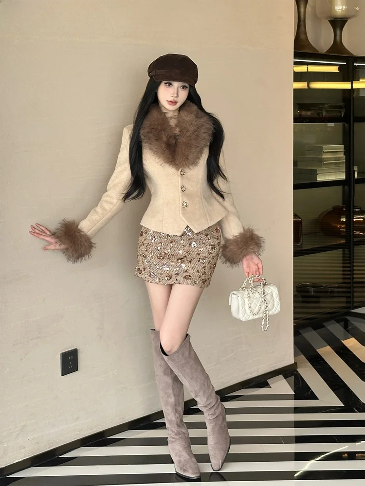 

Женское модное пальто MoXi в стиле модерн: теплая шерстяная куртка с пайетками и юбка с завышенной талией в японском стиле для ранней осени и зимы