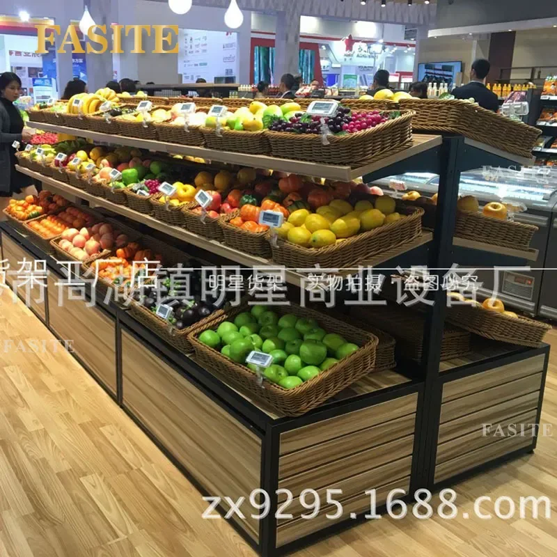 For Kitchen Stainless Steel Wood Fruit and Vegetable Rack Single or Double Layer Storage Shelf Organizer for Supermarket Home