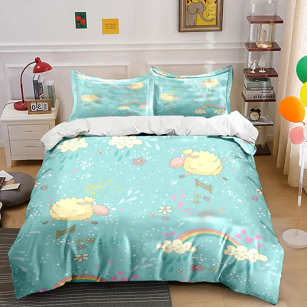Rainbow jumping sheep and heart elements Print Bedding Set 1 Duvet Cover 2 Pillowcases for Adult Children Luxury Gift Full Size