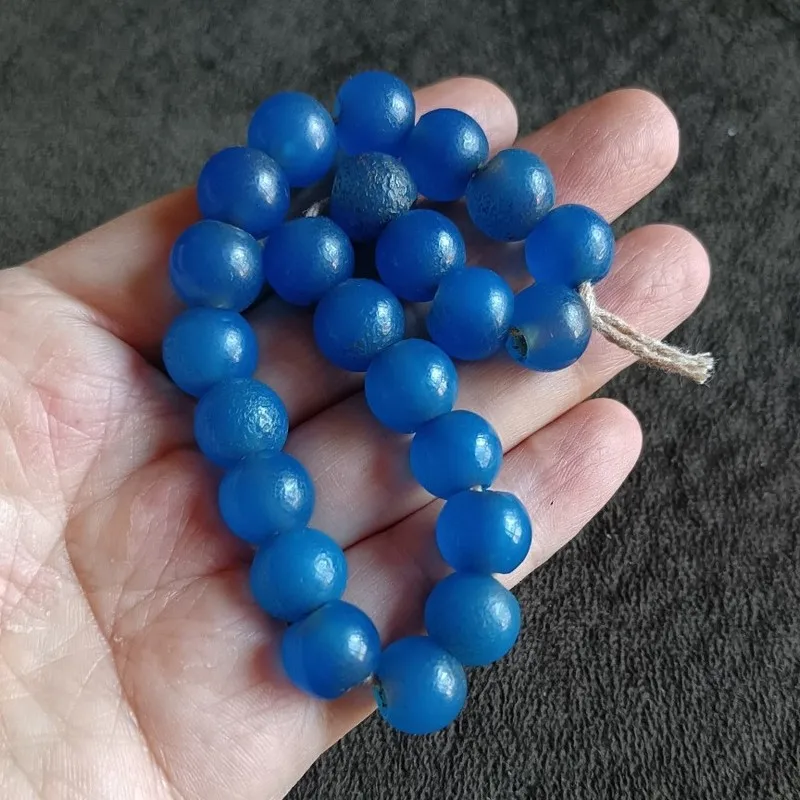 Antique Vintage Blue With Patina, A String Of Agate , Decorative , Buddhist Beads