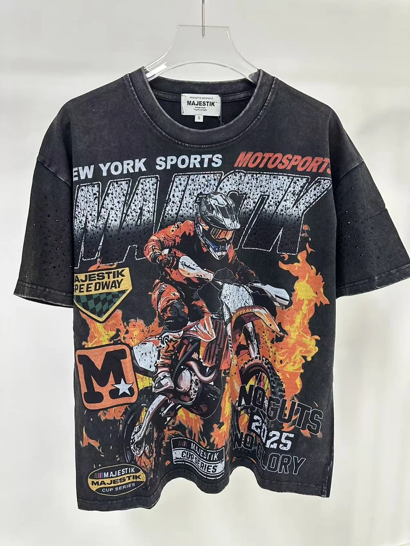 Vintage Washed Fire Print T-Shirts für Herren Y2k Streetwear Lustige Motorsport Dirt Bike Grafik-T-Shirts Sommer Übergroße Unisex-Kleidung – Detail 5