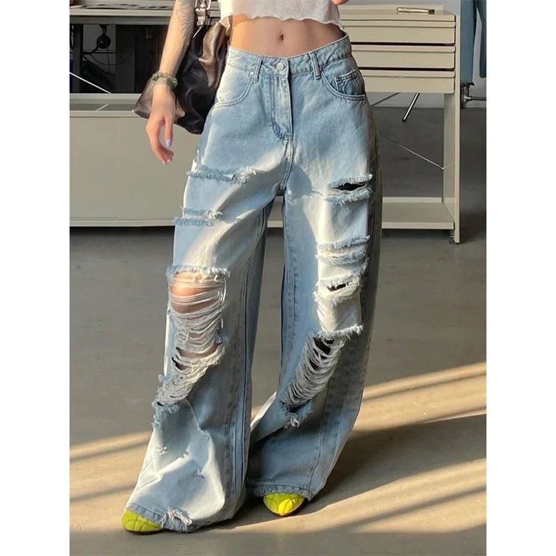 Vintage lichtblauwe gescheurde jeans dames hoge taille rechte baggy denim broek streetwear Y2K Amerikaanse retro wijde pijpen broek