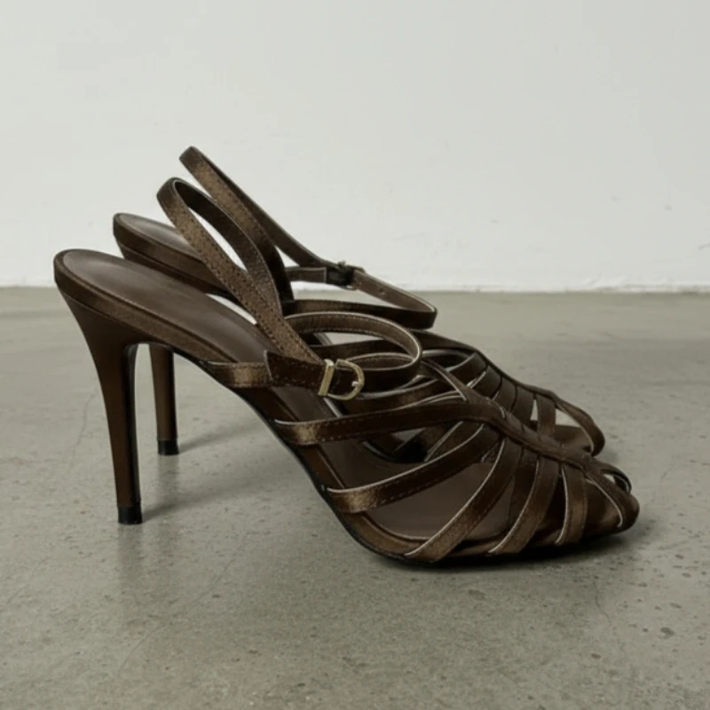 النساء المفتوحة تو صنادل عالية الكعب البني النسيج حزام تصميم أنيق الانزلاق على الكعب الخنجر قابل للتعديل مشبك أحذية الحفلات غير رسمية #2
