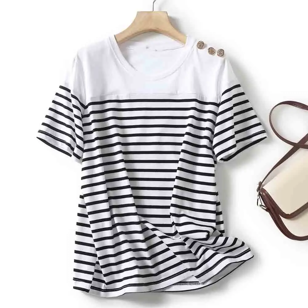 

Women 2023 New Fashion Summer British Style Shoulder Button Trim Classic Striped T-Shirt Vintage Casual Chic Female Tops Mujer