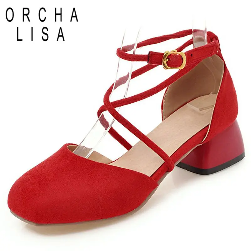 ORCHA LISA 2027 Sweet Female Sandals Square Toe Flock Suede Squre Heels 6cm Buckle Strap Extended Size 40 41 42 43 Red Green