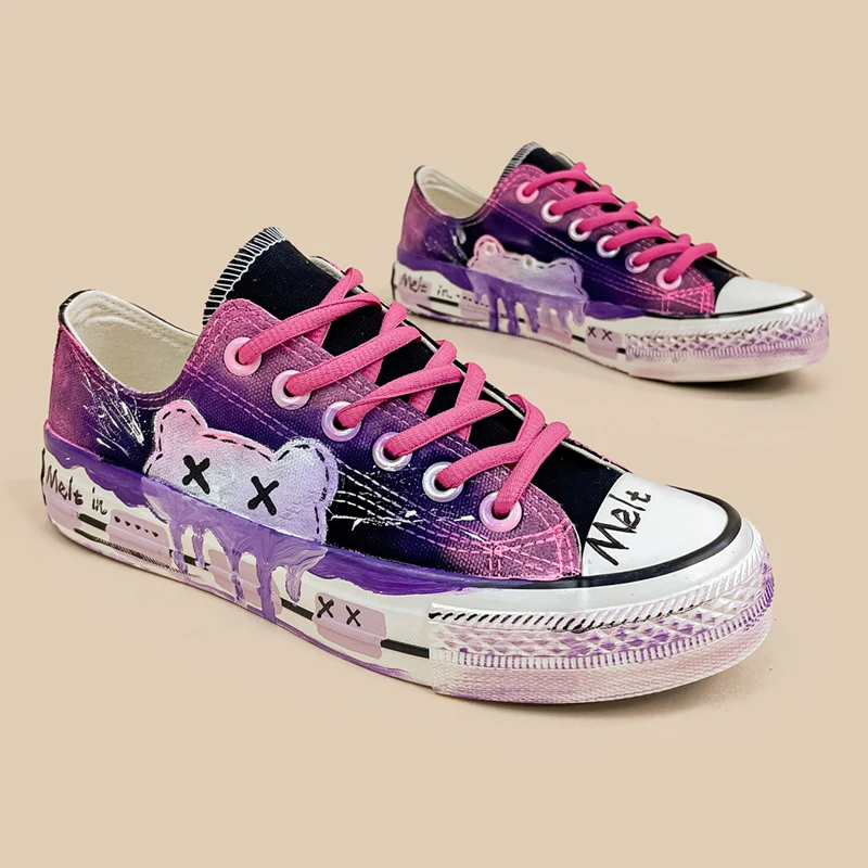 Amy and Michael Cute Girls Students Flat Casual Sneakers Graffiti Hand Painted Canvas Shoes Tennis Female Woman Vulcanize Shoes