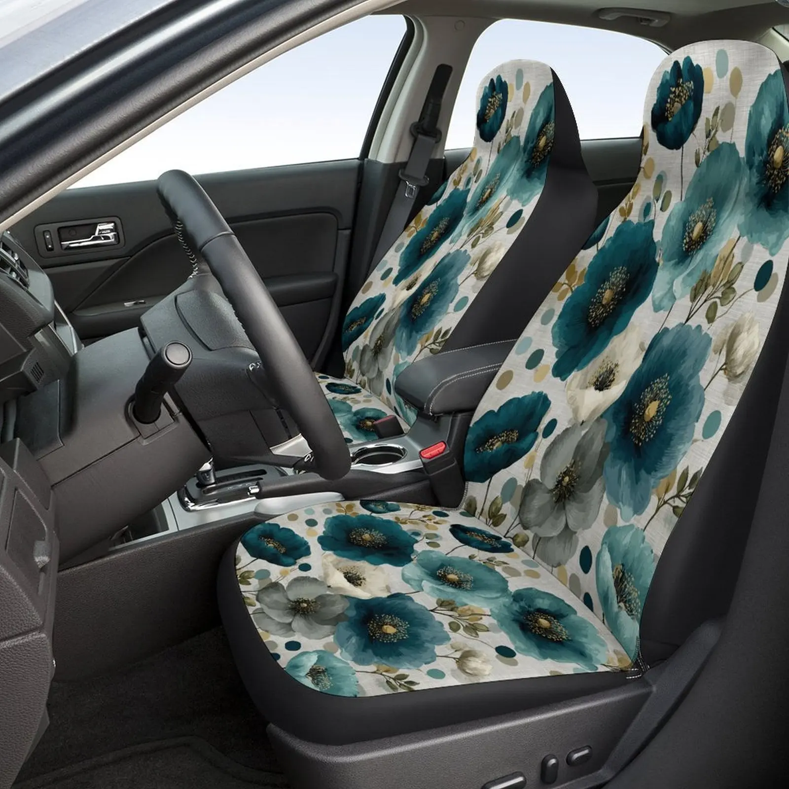 Set Of Car Seat Covers Featuring A Blue Floral Design, Suitable For Various Vehicles. These Trendy And Breathable Covers Serve A