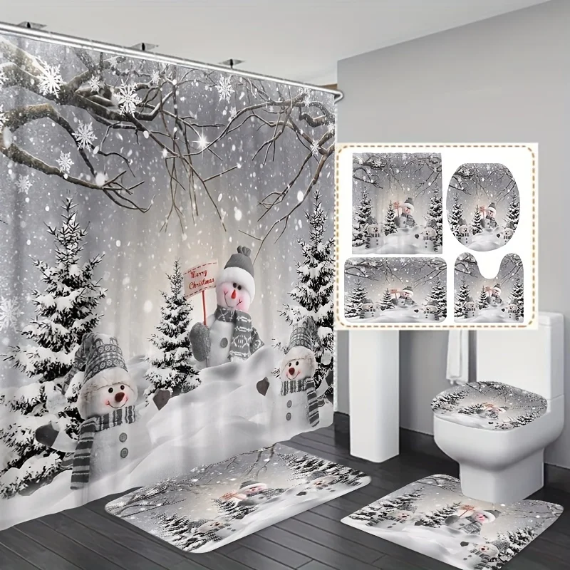 4Pcs Winter Snowman with Grey Hat, Snowflake Bath Set - Polyester Bathroom Set with Hooks & Coordinating Accessories