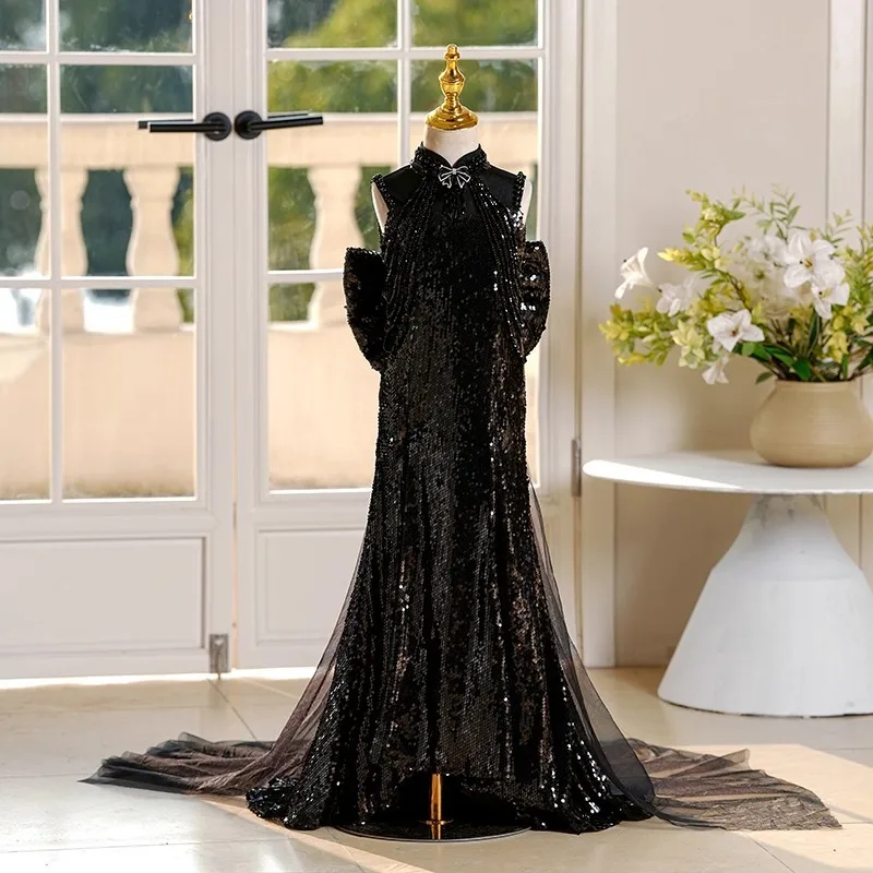 Flower Girl Dress Kids Black Flower Girl Wedding  Birthday Party Evening Formal Clothes Princess Gown Piano Performance Children