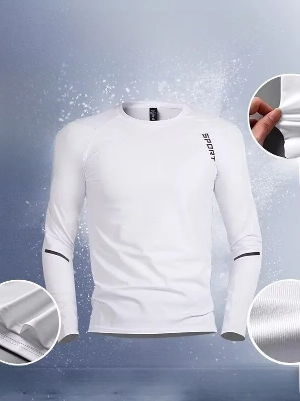 Men's Quick Dry Long Sleeve Sportswear Training Top Basketball Fitness Running Base Shirt White Polyester Fiber Regular Fit